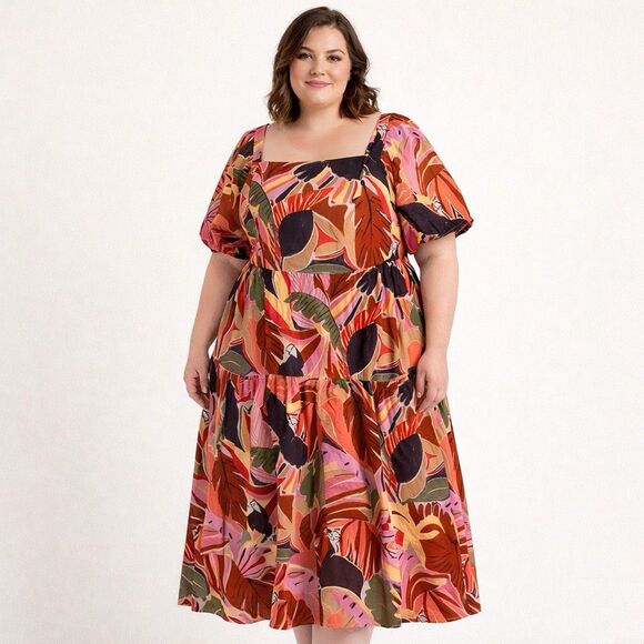 Crystal Sky Dresses & Skirts - Crystal Sky Womens 3XL Dress Peasant Puff Sleeve Parrot Beachy Tropical Midi NEW